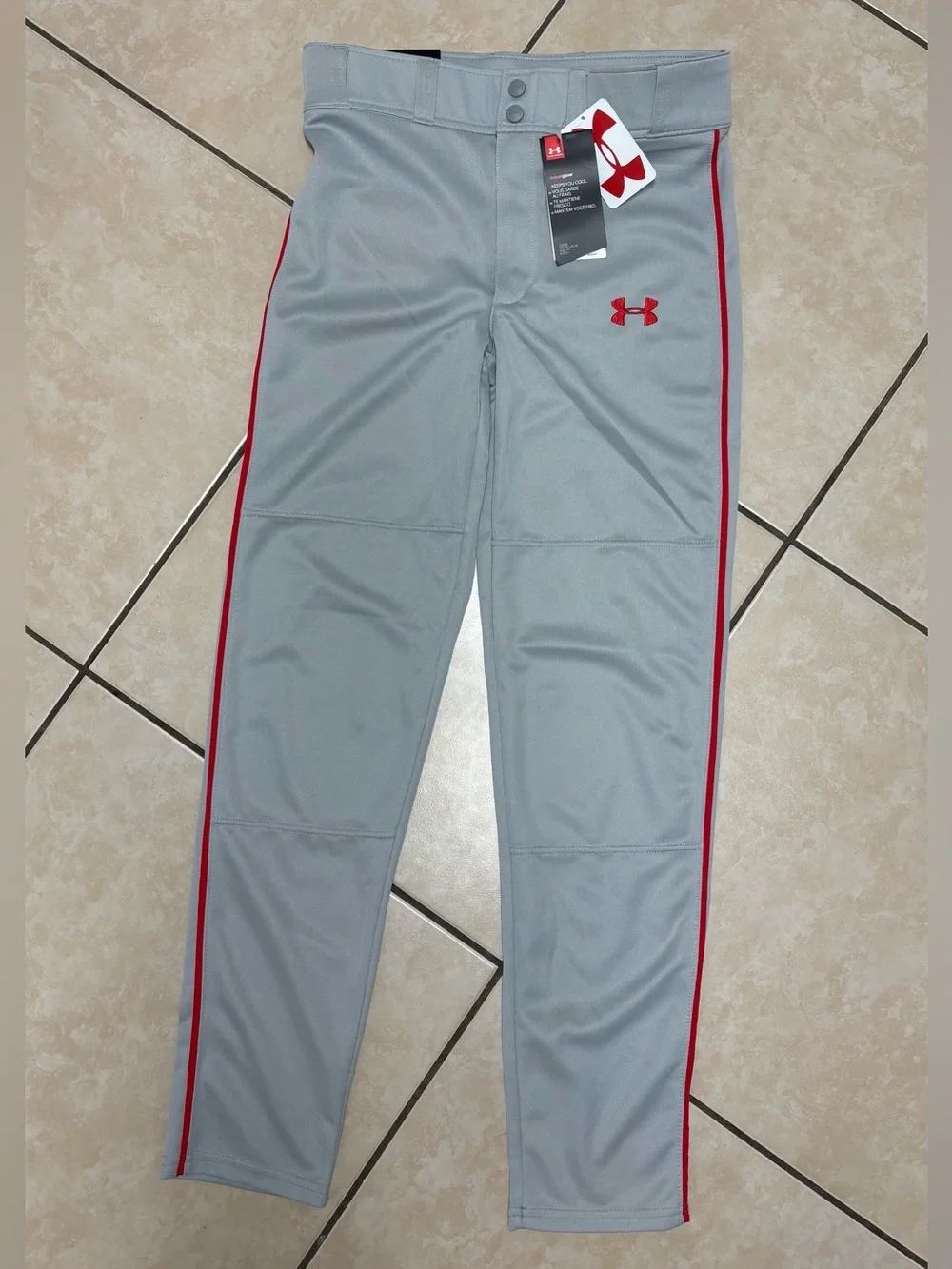 New Under Armour Gray Baseball Pants with Red Piping Size Youth Large